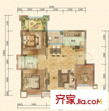 塔子山壹號一期1、2、3、4、5棟A1戶型標準層 3室2廳1衛(wèi)1廚