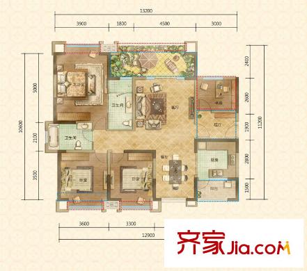 塔子山壹號一二期6、7、8、9、11號樓B2戶型標準層 4室2廳2衛(wèi)1廚