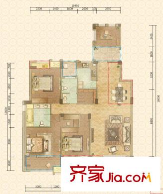 塔子山壹號一二期12-24號樓三層D3戶型 4室2廳2衛(wèi)1廚