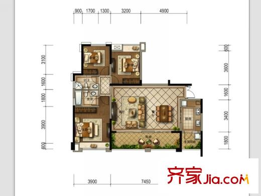 美城云庭3.5棟標(biāo)準(zhǔn)層A戶型 3室2廳2衛(wèi)1廚