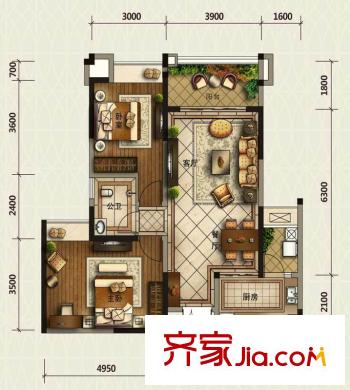 美城云庭2、6號(hào)樓C戶型（售罄） 2室2廳1衛(wèi)1廚