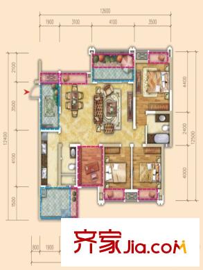 天府美岸一期1號樓標準層A3戶型 4室2廳2衛(wèi)1廚