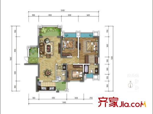 錦城南府標(biāo)準(zhǔn)層E戶型 3室2廳2衛(wèi)1廚