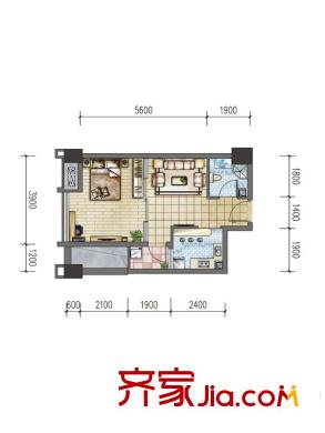尚港領地一期2號樓公寓A戶型 1室1廳1衛(wèi)1廚