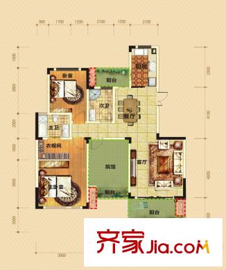 香博城一期二批次13號樓標準層A1-4戶型（售罄） 3室2廳2衛(wèi)1廚