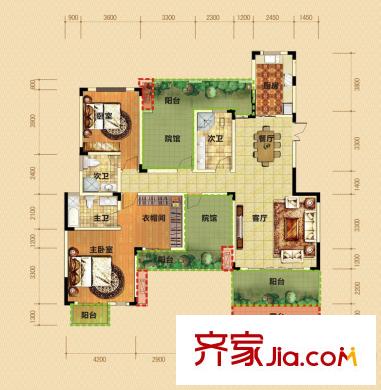香博城一期二批次12號樓標準層B-4戶型 4室2廳3衛(wèi)1廚