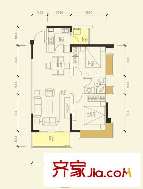 保利貝森公館一期2-5號樓標(biāo)準(zhǔn)層5-A戶型（售罄） 2室2廳1衛(wèi)1廚