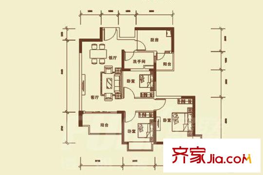 恒大城四期62-65棟標準層02戶型 3室2廳1衛(wèi)1廚