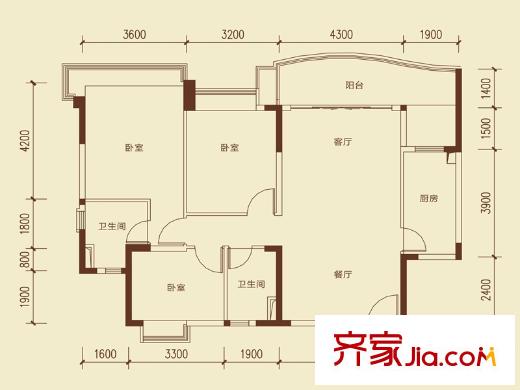 恒大城四期四期1號(hào)樓標(biāo)準(zhǔn)層01戶(hù)型 3室2廳2衛(wèi)1廚