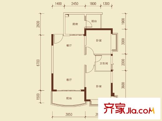 恒大城四期四期1、2、3、4號樓標準層03戶型 2室2廳1衛(wèi)1廚
