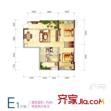 雙都會一期3號樓標準層E1戶型（售罄） 2室2廳1衛(wèi)1廚