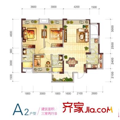 雙都會一期3號樓標準層A2戶型（售罄） 3室2廳2衛(wèi)1廚