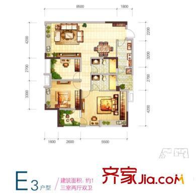 雙都會一期3號樓標準層E3戶型（售罄） 3室2廳1衛(wèi)1廚