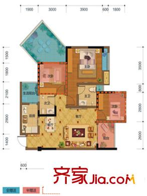 盛源學府名城1期3、5、6棟B1奇數(shù)層戶型 3室2廳2衛(wèi)