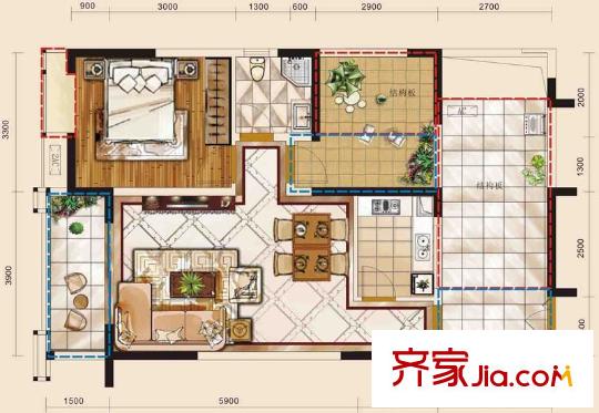 觀瀾國(guó)際二號(hào)樓標(biāo)準(zhǔn)層D5戶型 2室2廳1衛(wèi)1廚
