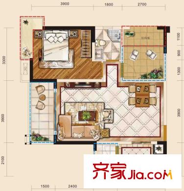 觀瀾國(guó)際二號(hào)樓標(biāo)準(zhǔn)層C2-1戶型 2室2廳1衛(wèi)1廚