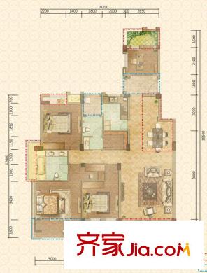 塔子山壹號一二期12-24號樓二層D2戶型 4室2廳2衛(wèi)1廚