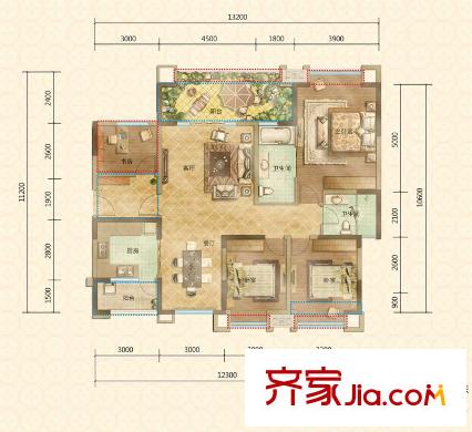 塔子山壹號一二期6、7、8、9、11棟B3戶型標準層 4室2廳2衛(wèi)1廚