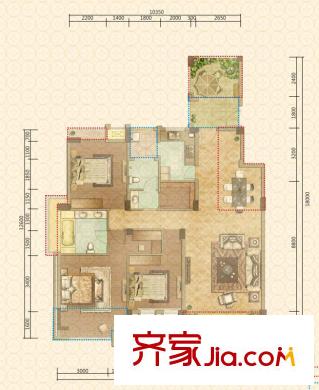 塔子山壹號一二期12-24號樓四層D4戶型 3室2廳2衛(wèi)1廚