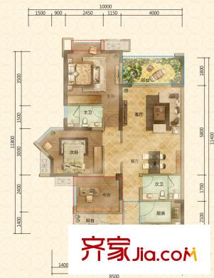 塔子山壹號一期1、2、3、4、5號樓A2戶型標準層 3室2廳2衛(wèi)1廚