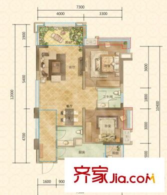 塔子山壹號一二期6、7、8、9、11號樓B1戶型標準層 2室2廳1衛(wèi)1廚