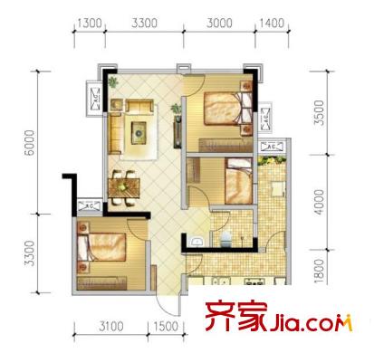 藍光COCO金沙三期1、3、4、7號樓標(biāo)準(zhǔn)層A1戶型 3室2廳1衛(wèi)1廚