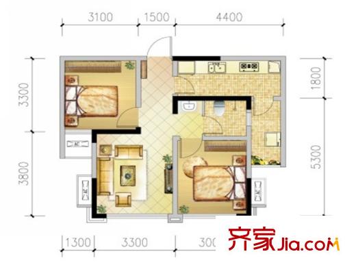 藍光COCO金沙二期5號樓、7號樓標(biāo)準(zhǔn)層A3戶型（售罄） 2室1廳1衛(wèi)1廚