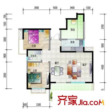水岸匯景一期5棟標(biāo)準(zhǔn)層B3戶型 2室2廳1衛(wèi)1廚