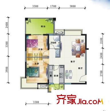 水岸匯景一期8、9號(hào)樓1單元2號(hào)房A1（偶）戶型 2室2廳1衛(wèi)1廚