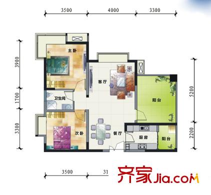水岸匯景一期10號樓3單元2號房C3（偶）戶型 2室2廳1衛(wèi)1廚