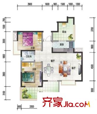 水岸匯景一期4棟標(biāo)準(zhǔn)層B3戶型 2室2廳1衛(wèi)1廚