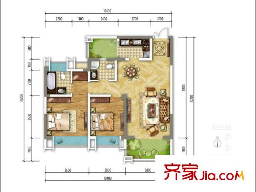 錦城南府標(biāo)準(zhǔn)層C戶型 2室2廳2衛(wèi)1廚