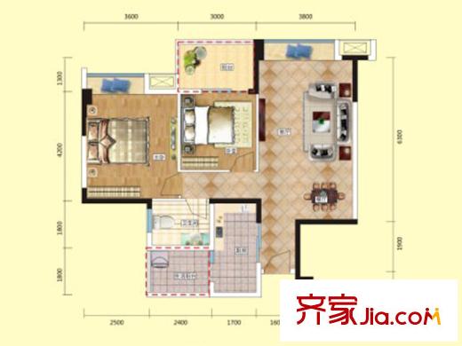 香山半島一期5棟標準層B1戶型 2室2廳1衛(wèi)1廚