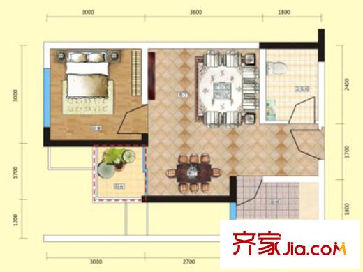 香山半島一期5棟標準層C7戶型 1室2廳1衛(wèi)1廚