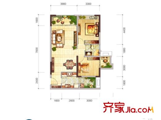 雙都會一期3號樓標準層C1戶型（售罄） 2室2廳1衛(wèi)1廚