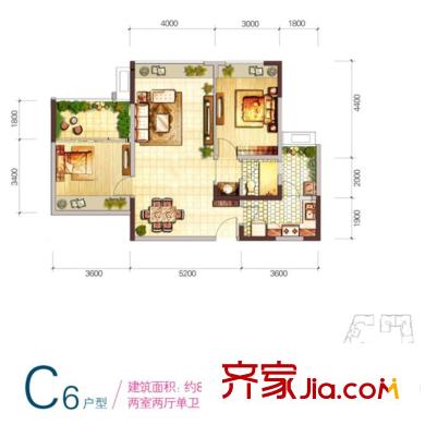 雙都會一期3號樓標準層C6戶型（售罄） 2室2廳1衛(wèi)1廚