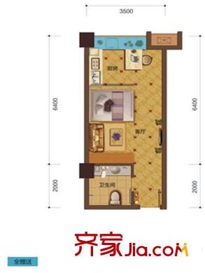 盛源學府名城1期1棟標準層F戶型 1室1廳1衛(wèi)