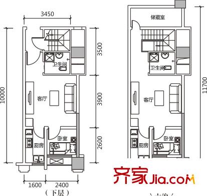 龍城國際1期22號樓V2‘躍層戶型（售罄） 1室1廳1衛(wèi)1廚