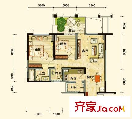 龍城國際1期13號樓奇數(shù)層A2戶型（售罄） 2室2廳2衛(wèi)1廚