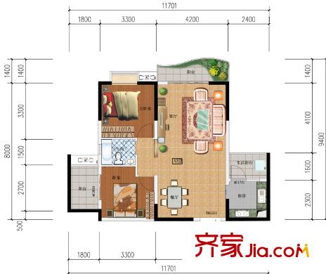 鑫河國際花園一期2棟標準層A2戶型 2室2廳1衛(wèi)1廚
