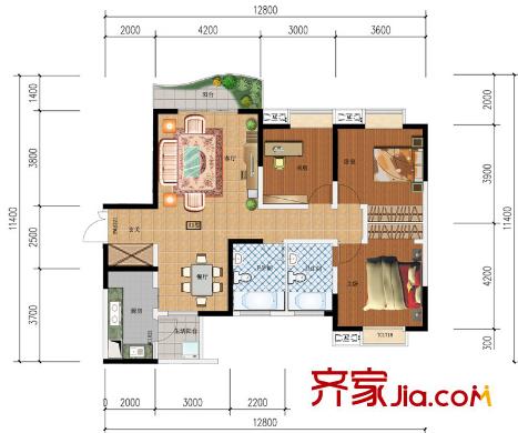 鑫河國際花園一期2棟標準層A1戶型 3室2廳2衛(wèi)1廚