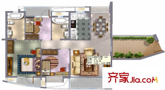 彩疊園二期1-7號樓標(biāo)準(zhǔn)層高層02戶型  3室2廳2衛(wèi)1廚