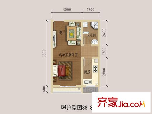 盛世星河22棟標(biāo)準(zhǔn)層B4戶型 1室1廳1衛(wèi)1廚