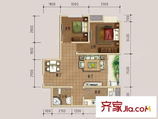 盛世星河22棟標(biāo)準(zhǔn)層B1戶型 2室2廳1衛(wèi)1廚