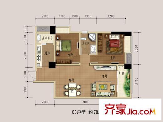 盛世星河21棟標(biāo)準(zhǔn)層C3戶型 2室2廳1衛(wèi)1廚