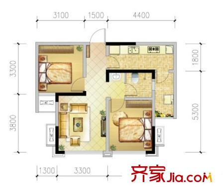 藍光COCO金沙三期4、7、8號樓標(biāo)準(zhǔn)層A3戶型 2室2廳1衛(wèi)1廚