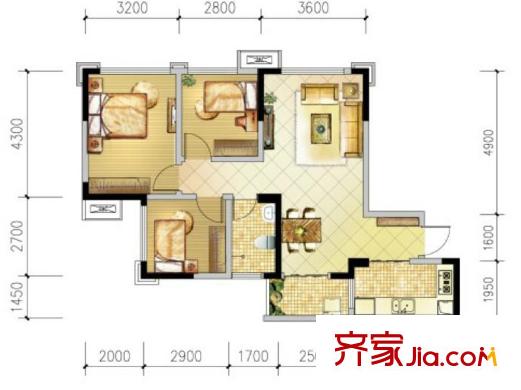 藍光COCO金沙三期1、3、4、7號樓標(biāo)準(zhǔn)層A2戶型 3室2廳1衛(wèi)1廚