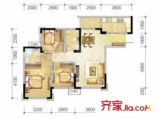 藍光COCO金沙三期1、3、4、7號樓標(biāo)準(zhǔn)層A2'戶型 3室2廳2衛(wèi)1廚