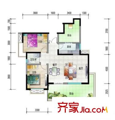 水岸匯景一期12棟標準層B3戶型 2室2廳1衛(wèi)1廚
