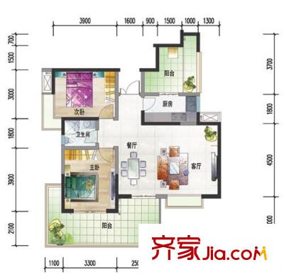 水岸匯景一期12棟標(biāo)準(zhǔn)層B3戶型 2室2廳1衛(wèi)1廚